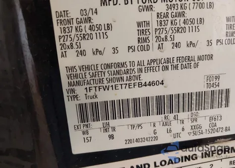 2014 Ford F150 Platinum из США, поврежденный, VIN 1FTFW1ET7EFB44604